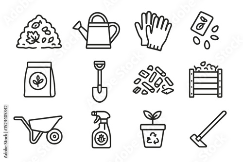 Gardening tools and symbols: watering can, shovel, planter, gloves, seeds
