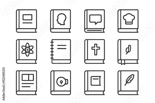 Outline icons of various books on gray background - education, science, cooking, religion