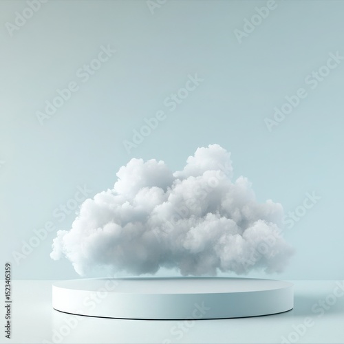 Abstract pastel blue background with fluffy cloud and minimalist platform