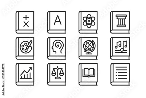 Icons of educational subjects: math, science, art, history, music, law