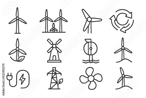 Wind turbine icons: renewable energy symbols on dark background