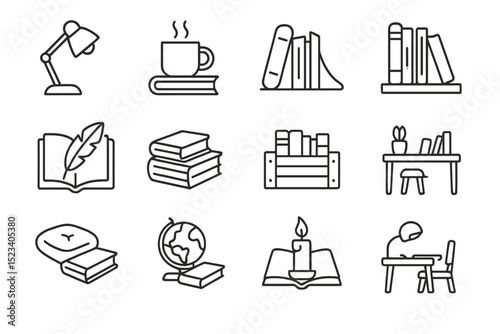Minimalist icon set featuring books, desk, lamp, and coffee