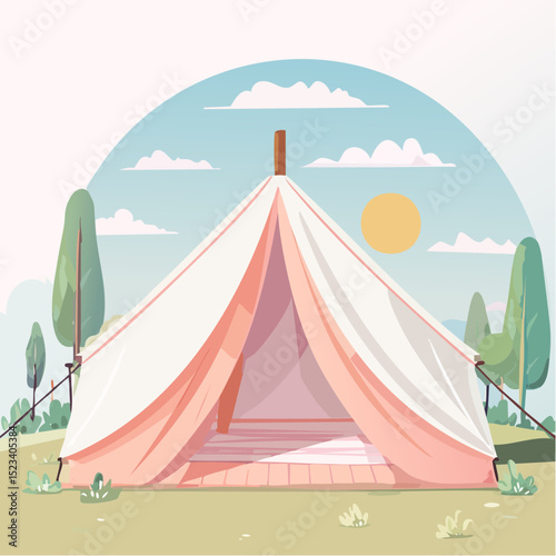 Glamping tent illustration with soft pink fabric, surrounded by green trees and a bright sun, creating a serene outdoor camping atmosphere with inviting ambiance
