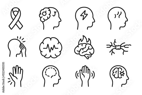 Mental health awareness icons depicting brain, stress, and wellbeing concepts