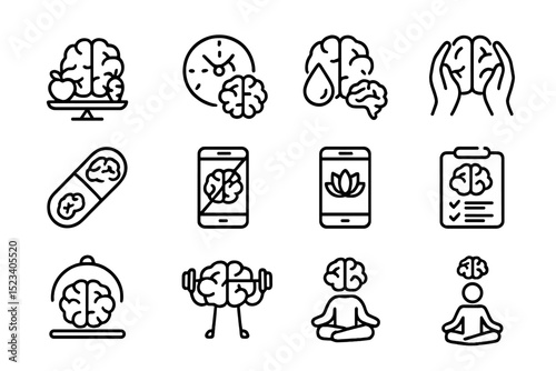 Brain health icons collection depicting fitness, nutrition, and mindfulness