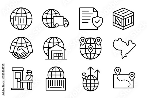 Global logistics and shipping icons set with world map and warehouse symbols