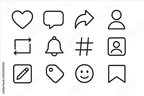 Social media icons set featuring heart, hash, smile, and more