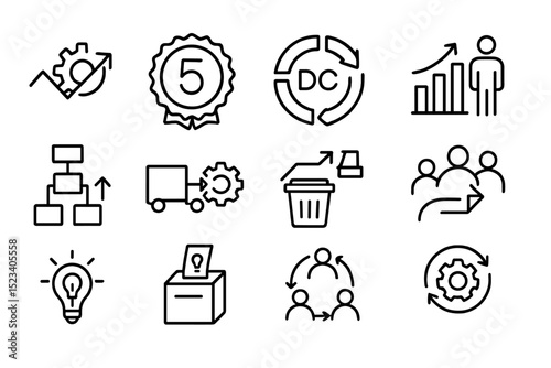 Business icon set featuring growth, workflow, and teamwork symbols