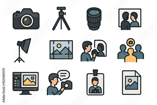 Photography equipment and techniques icons for camera and portrait work