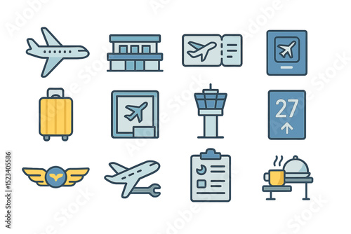Airport icons: airplane, baggage, boarding pass, control tower, flight meal