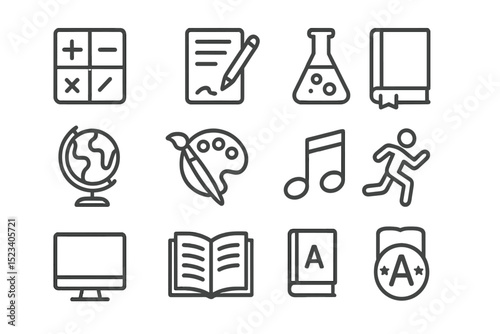 Education icons: math, science, art, music, sports, literature