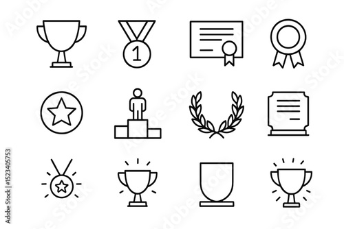 Award icons set: trophies, medals, certificates, and laurels on black background