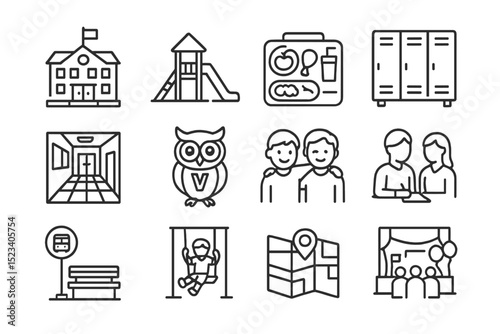 School icons set: buildings, playgrounds, and people in education