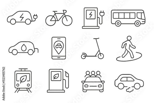 Eco-friendly transportation icons: electric cars, bikes, public transit, and more