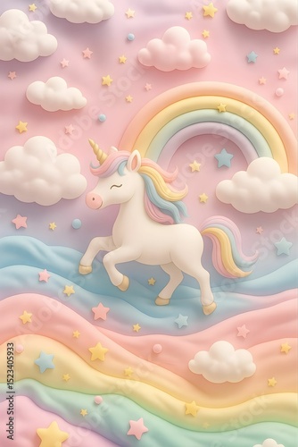 Colorful unicorn in a dreamy landscape with clouds and rainbow creating a whimsical atmosphere