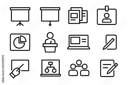 Business presentation icons - charts, conference, laptop, writing tools, diagrams