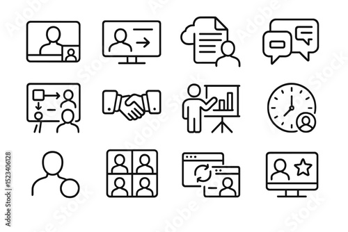 Video communication and online meeting icons for remote work and collaboration