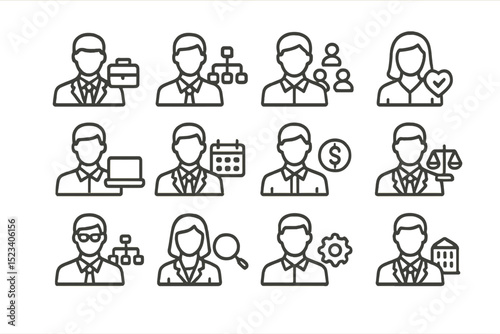 Outline icons of business professionals with various roles