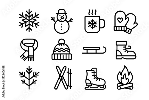 Winter icons collection: snowflake, snowman, mug, mittens, scarf, hat, sled, boots