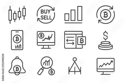 Cryptocurrency trading icons: analysis, graphs, bitcoin, market, investment