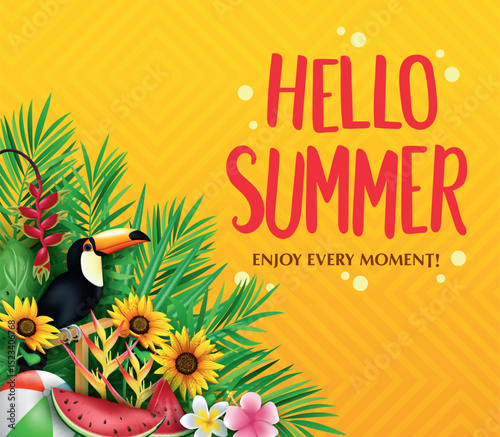 Tropical Summer Background with Flamingo, Toucan, and Exotic Flowers – Vibrant Vector Design