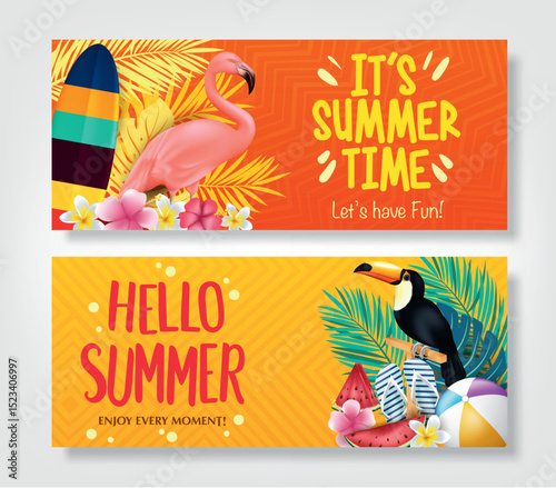 Tropical Summer Background with Flamingo, Toucan, and Exotic Flowers – Vibrant Vector Design