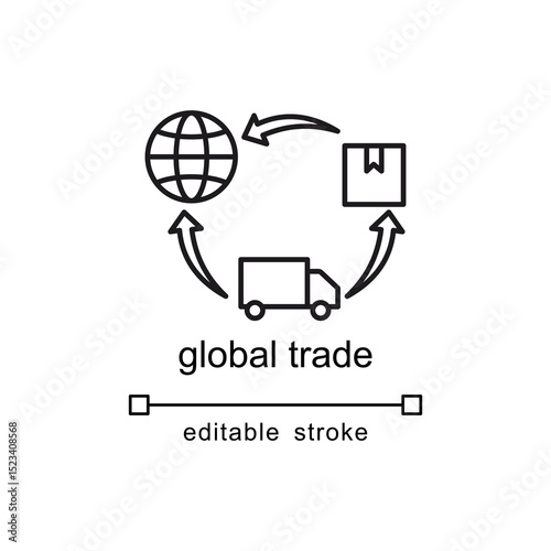 Title Globe, truck, and box symbolizing global trade. Suitable for business presentations, logistics concepts, freight services, international commerce visuals.