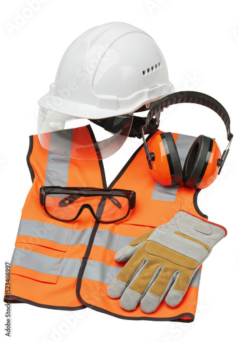 Isolated Work Safety Equipment with Helmet Vest Gloves and Goggles Png
