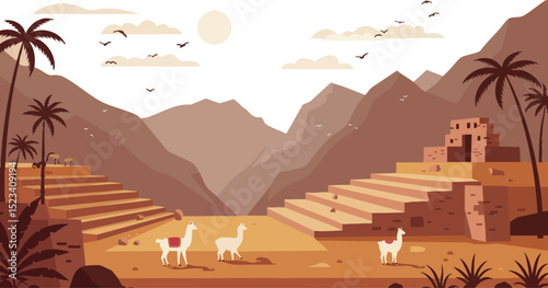 Mountain landscape with llamas and ancient ruins in desert valley vector illustration 