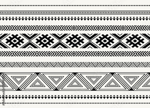 Ethnic tribal black and white stripe background. Seamless tribal pattern, folk embroidery, tradition geometric tribal ornament. Traditional design for fabric, textile, print, rug, paper, carpet