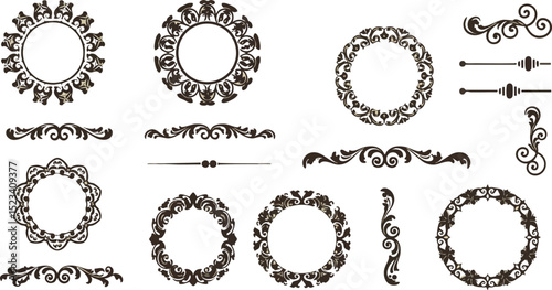 Vintage ornate floral round frames and decorative corner elements vector set 