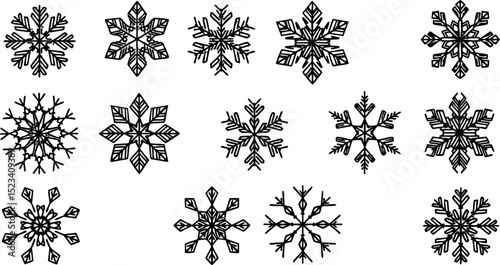 Snowflake Set Winter Seasonal Decorations Black and White Vector Illustration 