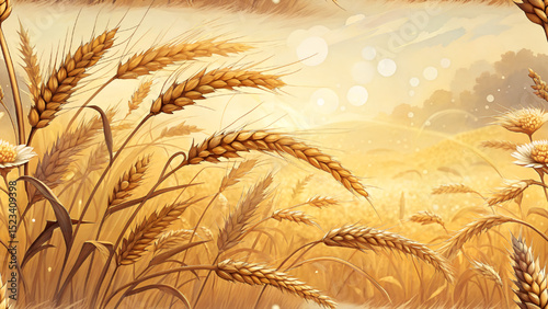 Vector illustration. Seamless pattern. Close-up of golden yellow barley field waiting to be harvested. Morning sunlight. Clear and blurry bokeh. For printing on fabric or wallpaper.
