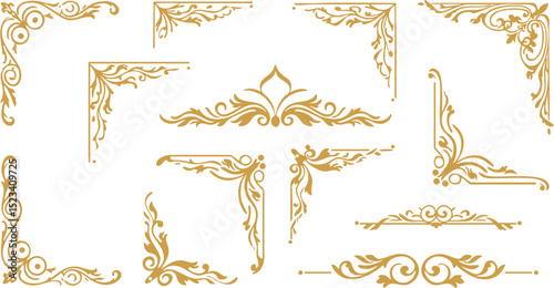 Decorative golden ornamental corner and border elements vector illustration set 