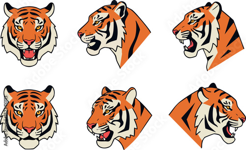 Tiger head illustration set with six different facial expressions and poses vector design 