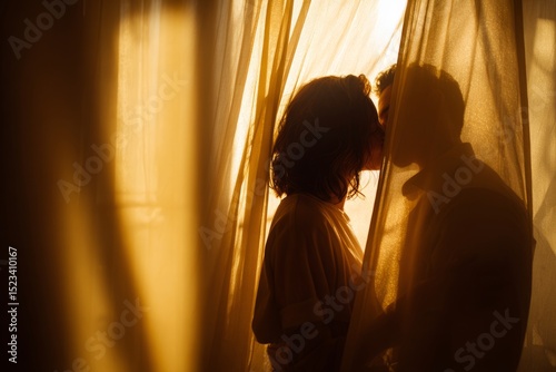 A couple kissing behind sheer curtains, their silhouettes bathed in the golden glow of sunlight, creating a romantic atmosphere.
