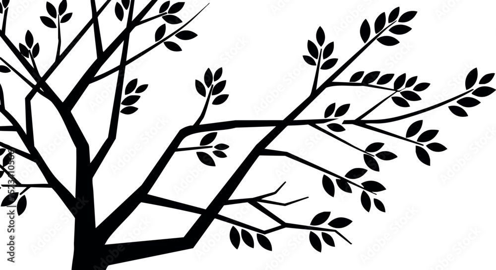 Obraz premium Black silhouette of tree branch with leaves vector illustration natural design 