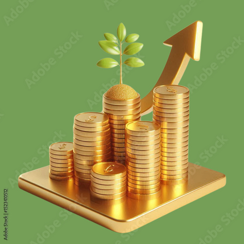 money tree growing from stacked shiny golden coins isolated on Green background. .money tree growing from coins