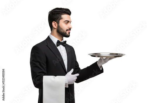 Professional Waiter Holds Silver Tray With White Glove on Transparent Background
