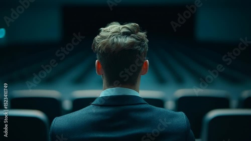 A solitary spectator absorbed in a presentation within a grand hall illuminated by warm lights, creating a sense of expectancy
