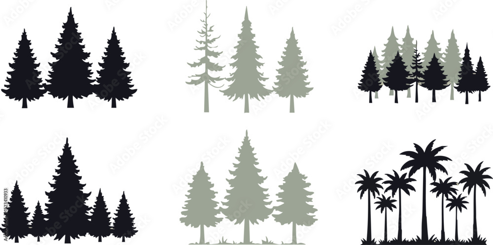 Obraz premium Pine and palm tree silhouettes collection simple nature vector design elements 