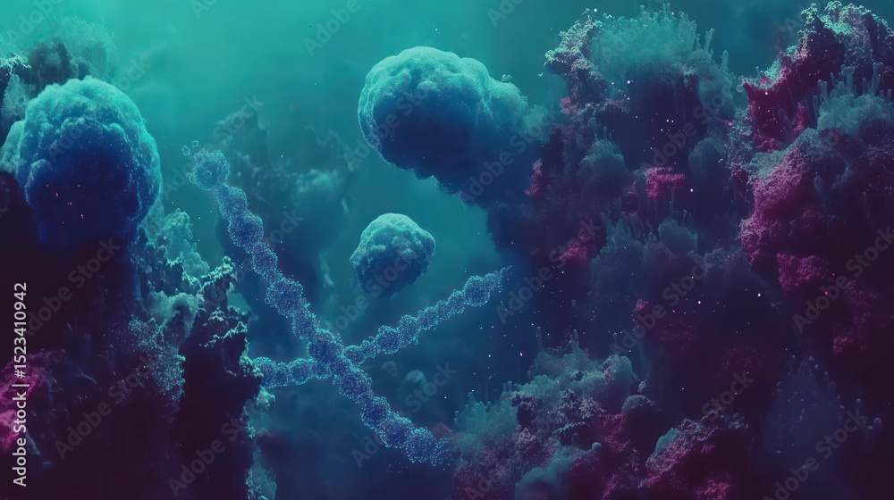 Obraz premium Underwater scene with vibrant, organic forms, bubbles, and structures. Deep blue and pink hues