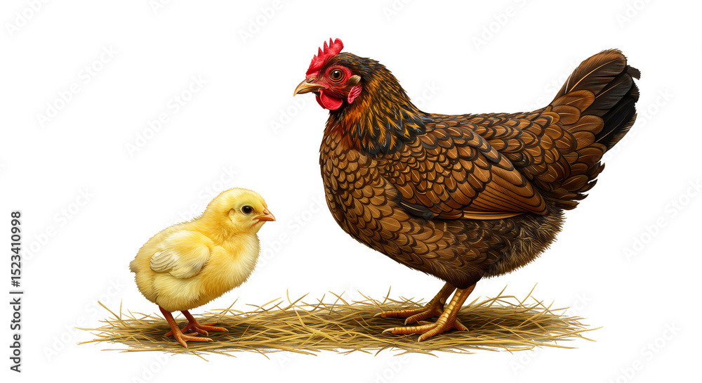 Fototapeta premium Realistic Illustration of a Chicken and Chick with Transparent Background