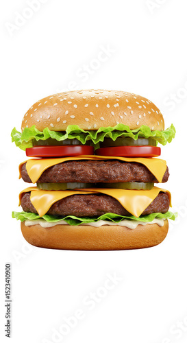 Realistic Double Cheeseburger with Lettuce Tomato in Transparent Background