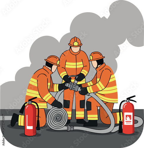 Firefighters team using hose and fire extinguisher in orange uniform vector illustration 