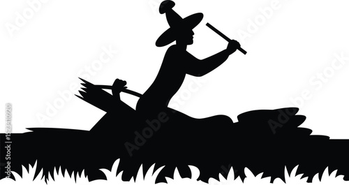 Silhouette of a person with a hat paddling a boat through water with grass at the bottom edge