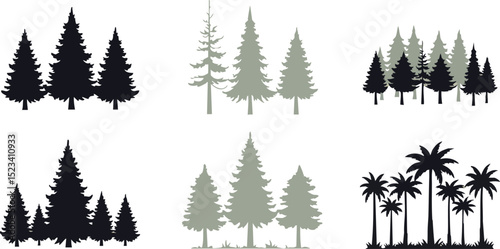 Pine and palm tree silhouettes collection simple nature vector design elements 