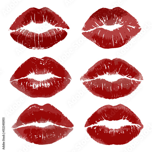 Realistic red lipstick kisses, showcasing various unique lip impressions