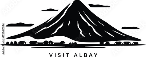 A black and white graphic of mount mayon with clouds and houses with the text visit albay below it photo