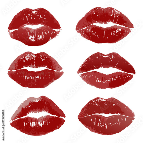 Set of six vibrant red lipstick kiss marks with varying textures on a white background